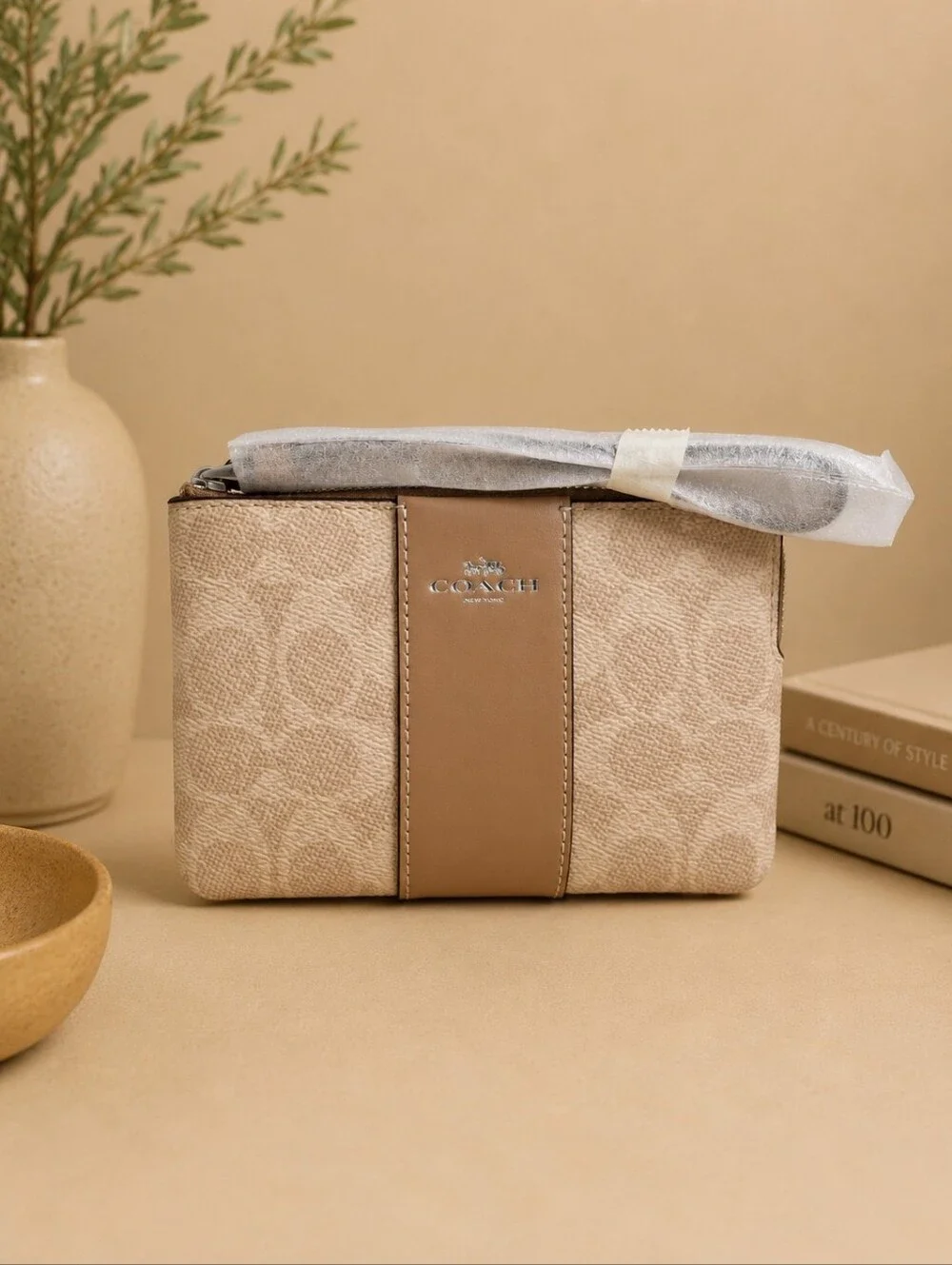 Coach Corner Zip Signature Canvas Wristlet Sand Taupe NWT